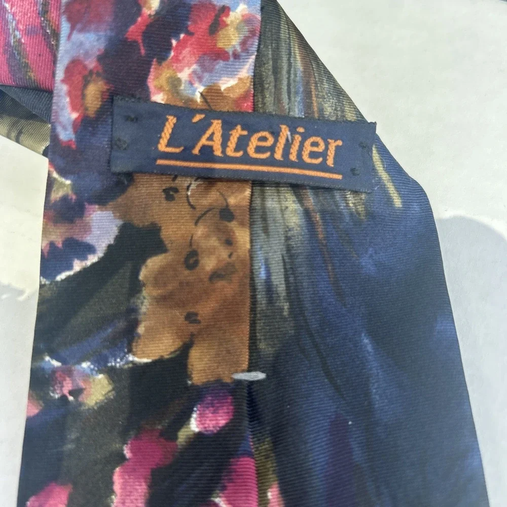 Vintage Navy Blue Italian Silk Tie L'Atelier Floral Abstract Made In USA